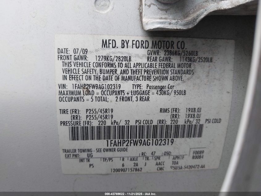 2010 Ford Taurus Limited VIN: 1FAHP2FW9AG102319 Lot: 43769022