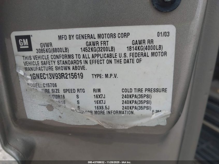 2003 Chevrolet Tahoe Ls VIN: 1GNEC13V93R215619 Lot: 43769032