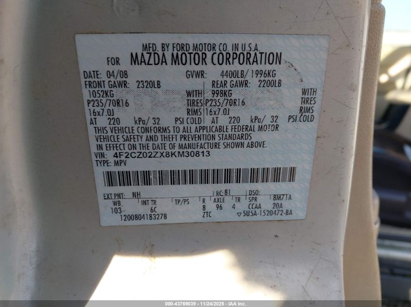 2008 Mazda Tribute I Grand Touring VIN: 4F2CZ02ZX8KM30813 Lot: 43769039