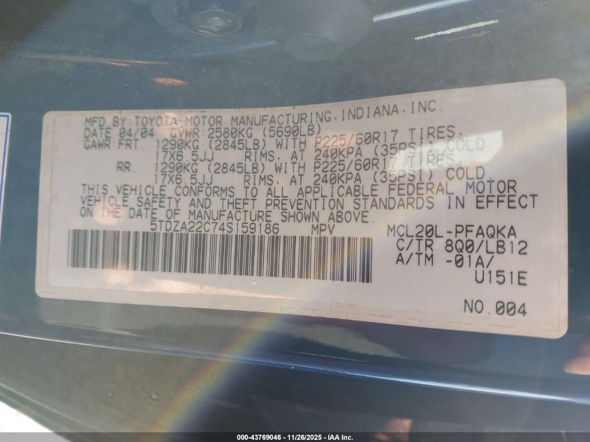 2004 Toyota Sienna Xle Limited VIN: 5TDZA22C74S159186 Lot: 43769046