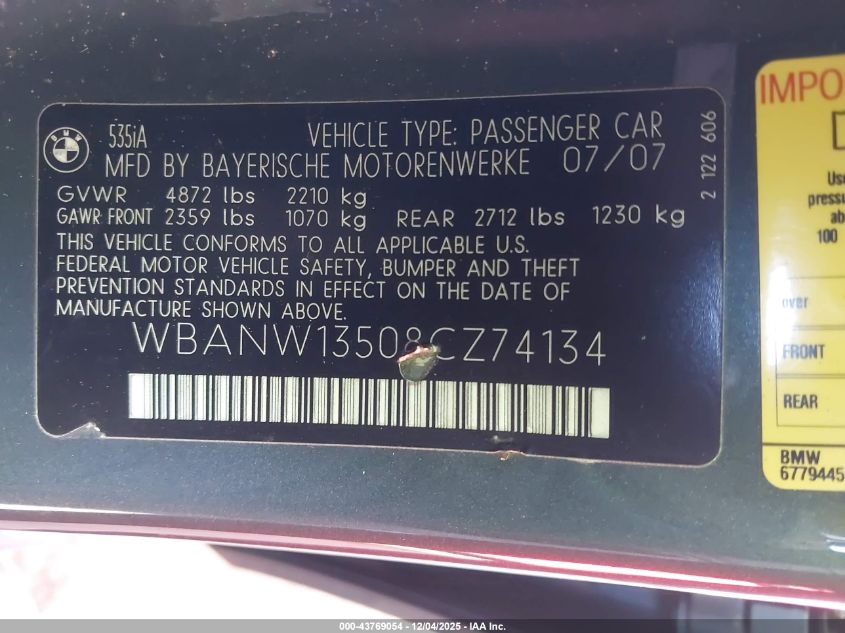 2008 BMW 535I VIN: WBANW13508CZ74134 Lot: 43769054