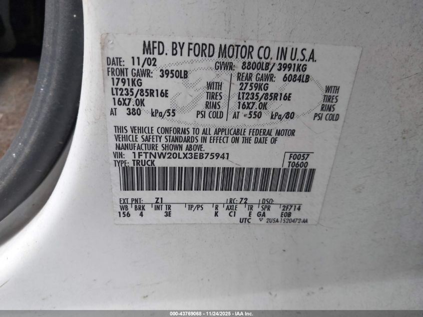 2003 Ford F-250 Lariat/Xl/Xlt VIN: 1FTNW20LX3EB75941 Lot: 43769068