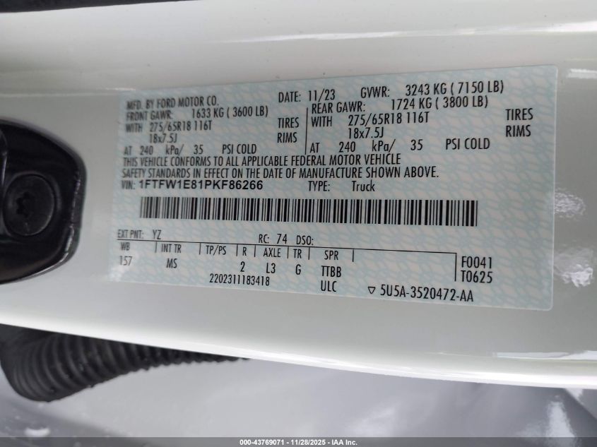 2023 Ford F-150 Xlt VIN: 1FTFW1E81PKF86266 Lot: 43769071