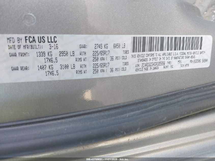 2016 Dodge Grand Caravan Sxt VIN: 2C4RDGCG4GR335856 Lot: 43769091