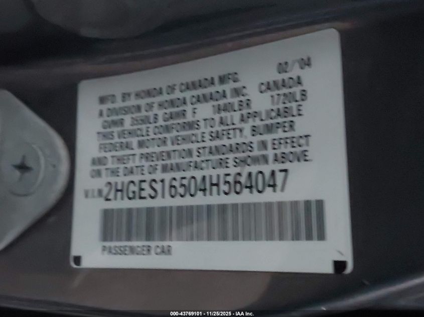 2004 Honda Civic Lx VIN: 2HGES16504H564047 Lot: 43769101