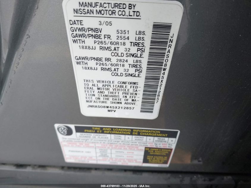 2005 Infiniti Fx35 VIN: JNRAS08W45X212857 Lot: 43769103