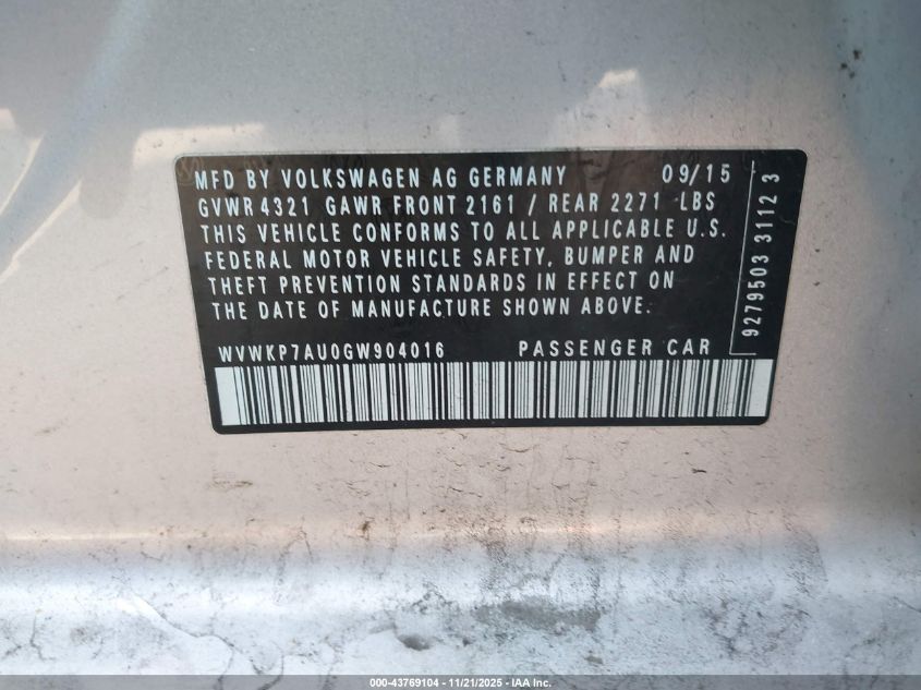 2016 Volkswagen E-Golf Se VIN: WVWKP7AU0GW904016 Lot: 43769104