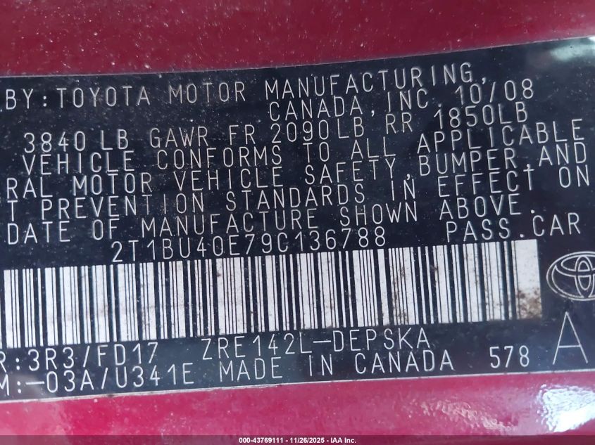 2009 Toyota Corolla S VIN: 2T1BU40E79C136788 Lot: 43769111