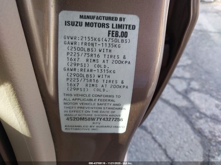2000 Isuzu Rodeo Ls/Lse/S VIN: 4S2DM58W7Y4327256 Lot: 43769116