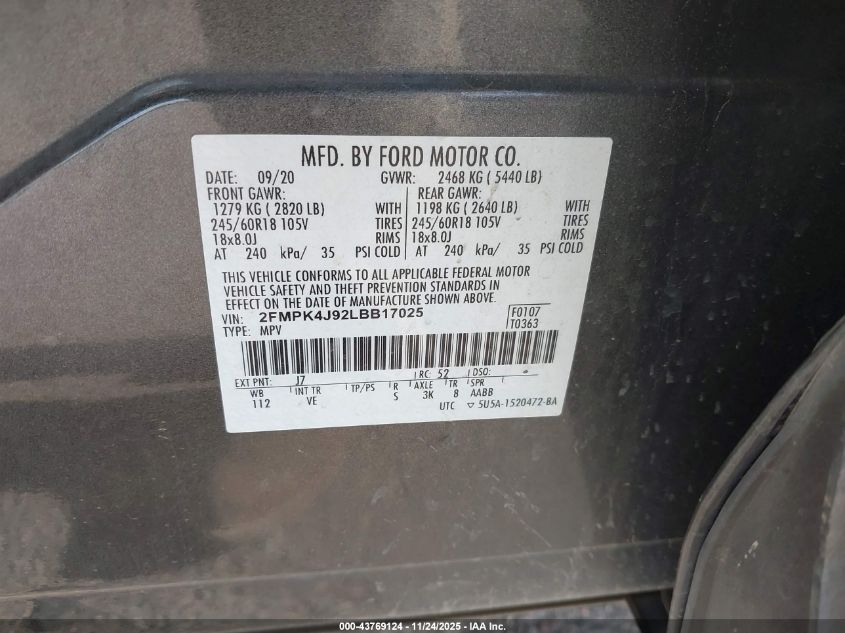 2020 Ford Edge Sel VIN: 2FMPK4J92LBB17025 Lot: 43769124