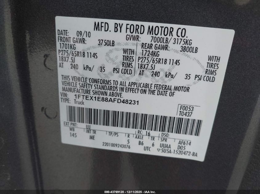 2010 Ford F-150 Stx/Xl/Xlt VIN: 1FTEX1E88AFD48231 Lot: 43769128