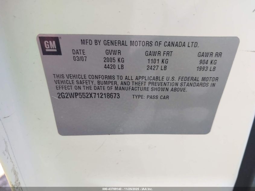 2007 Pontiac Grand Prix VIN: 2G2WP552X71218673 Lot: 43769140