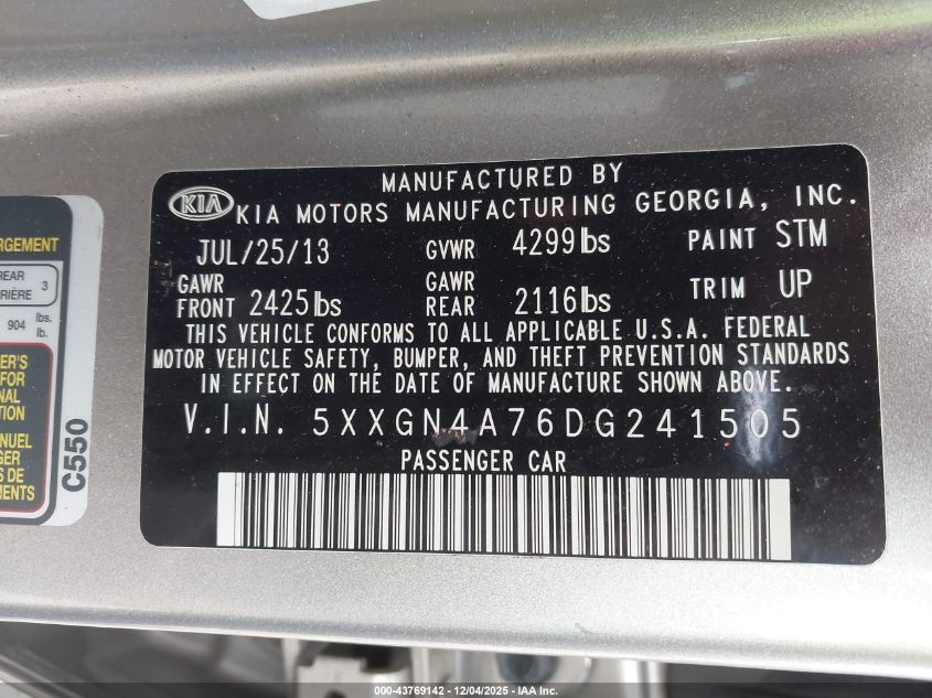 2013 Kia Optima Ex VIN: 5XXGN4A76DG241505 Lot: 43769142