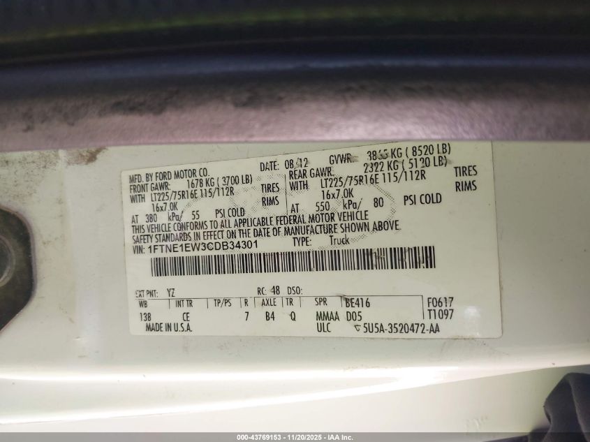 2012 Ford E-150 Commercial VIN: 1FTNE1EW3CDB34301 Lot: 43769153