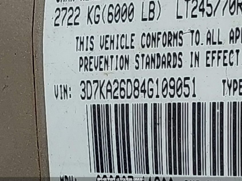 2004 Dodge Ram 2500 St VIN: 3D7KA26D84G109051 Lot: 43769160