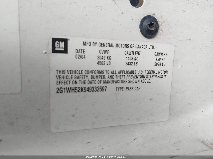 2004 Chevrolet Impala Ls VIN: 2G1WH52K949332697 Lot: 43769163