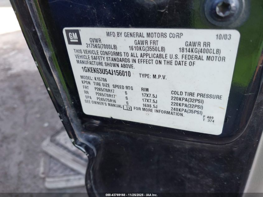 2004 GMC Yukon Denali VIN: 1GKEK63U54J156010 Lot: 43769168