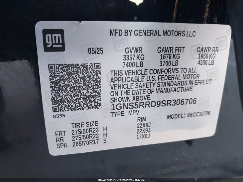 2025 Chevrolet Tahoe 2Wd Rst VIN: 1GNS5RRD9SR306706 Lot: 43769191