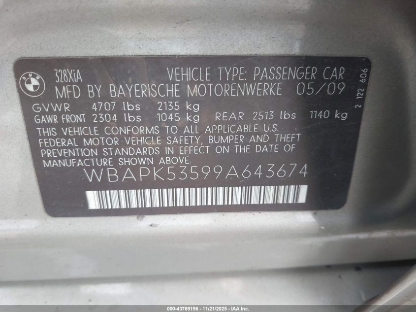 2009 BMW 328I xDrive VIN: WBAPK53599A643674 Lot: 43769196