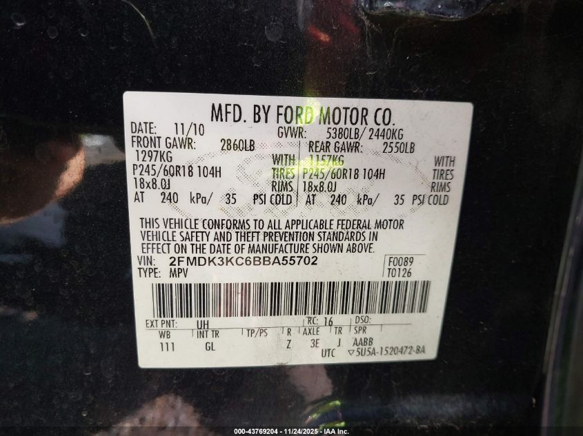 2011 Ford Edge Limited VIN: 2FMDK3KC6BBA55702 Lot: 43769204