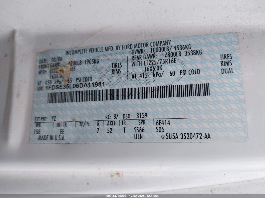 2006 Ford E-350 Cutaway VIN: 1FDSE35L06DA11981 Lot: 43769206