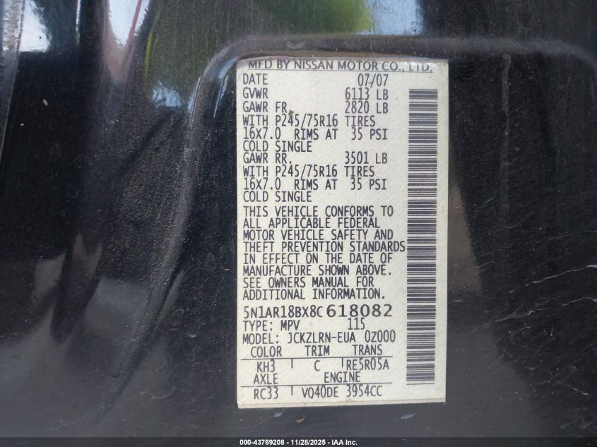 2008 Nissan Pathfinder S VIN: 5N1AR18BX8C618082 Lot: 43769208