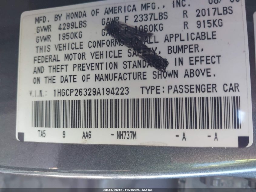 2009 Honda Accord 2.4 Lx VIN: 1HGCP26329A194223 Lot: 43769212