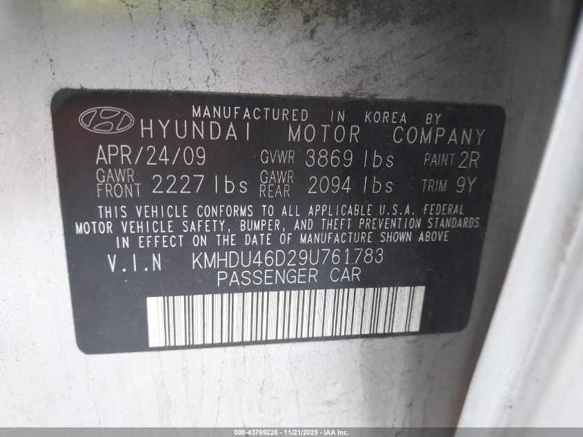 2009 Hyundai Elantra Gls VIN: KMHDU46D29U761783 Lot: 43769226