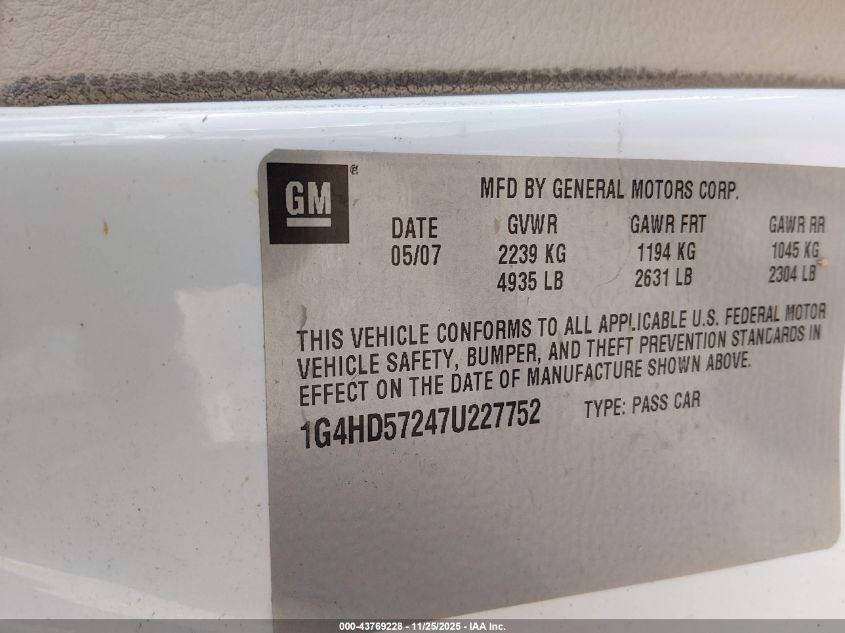 2007 Buick Lucerne Cxl VIN: 1G4HD57247U227752 Lot: 43769228
