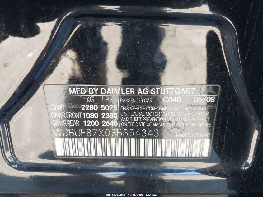 2008 Mercedes-Benz E 350 4Matic VIN: WDBUF87X08B354343 Lot: 43769243