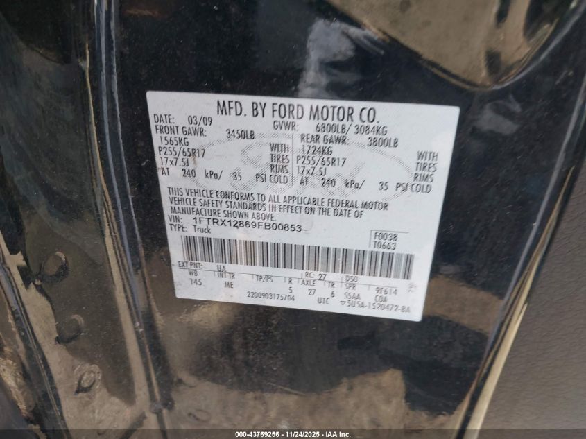 2009 Ford F-150 Xlt VIN: 1FTRX12869FB00853 Lot: 43769256