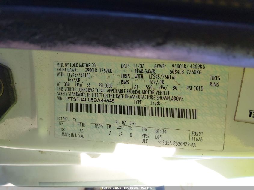 2008 Ford E-350 Super Duty Commercial/Recreational VIN: 1FTSE34L08DA46545 Lot: 43769263