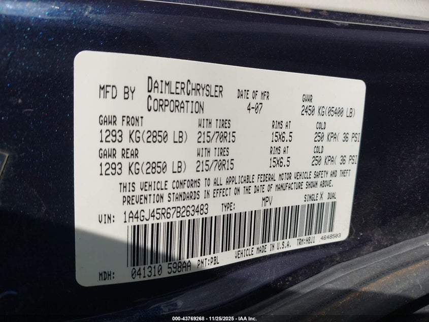 2007 Chrysler Town & Country VIN: 1A4GJ45R67B263483 Lot: 43769268