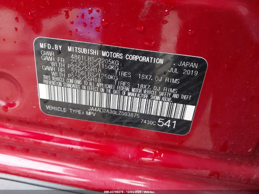 2020 Mitsubishi Outlander Es 2.4 VIN: JA4AD2A30LZ003875 Lot: 43769278