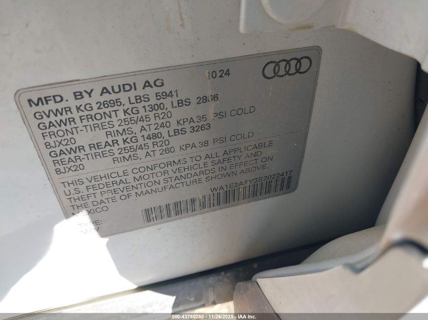 2025 Audi Q5 Premium Plus 55 Tfsi E S Line Quattro S Tronic VIN: WA1E2AFY3S2022417 Lot: 43769280