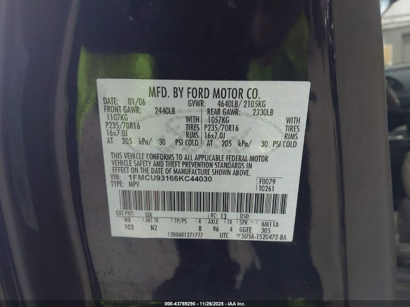 2006 Ford Escape Xlt/Xlt Sport VIN: 1FMCU93166KC44030 Lot: 43769290