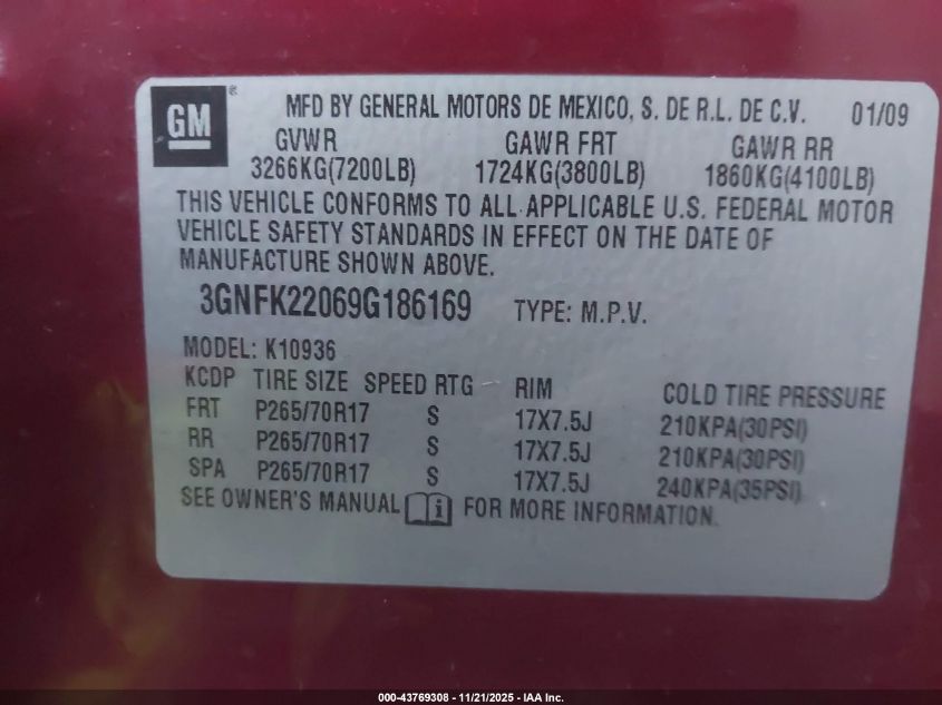 2009 Chevrolet Avalanche 1500 Lt2 VIN: 3GNFK22069G186169 Lot: 43769308