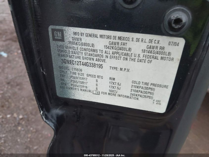 2004 Chevrolet Avalanche 1500 VIN: 3GNEC12T44G338195 Lot: 43769312