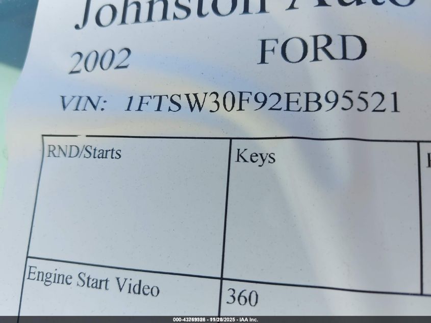 2002 Ford F-350 Lariat/Xl/Xlt VIN: 1FTSW30F92EB95521 Lot: 43769326