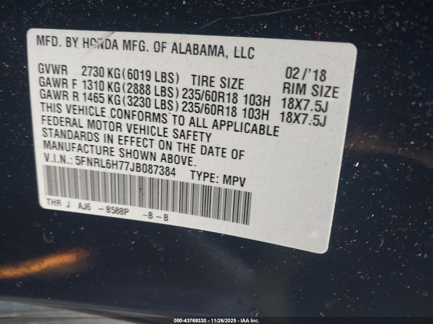 2018 Honda Odyssey Ex-L VIN: 5FNRL6H77JB087384 Lot: 43769330