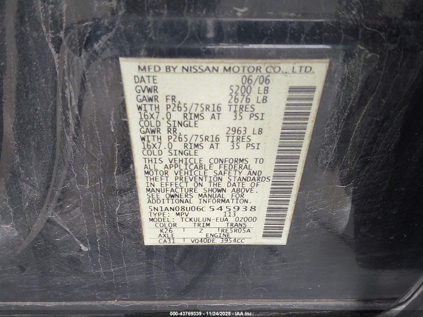 2006 Nissan Xterra Off Road VIN: 5N1AN08U06C545938 Lot: 43769339