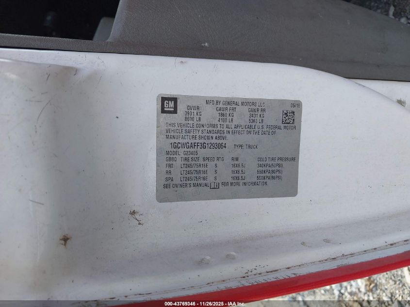 2016 Chevrolet Express 2500 Work Van VIN: 1GCWGAFF3G1293064 Lot: 43769346