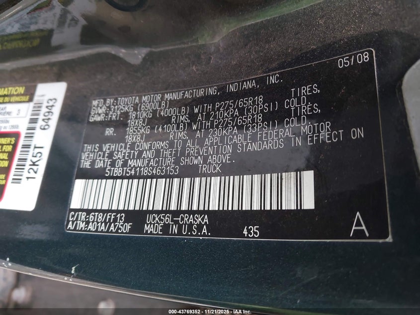 5TBBT54118S463153 2008 TOYOTA TUNDRA photo no. 9