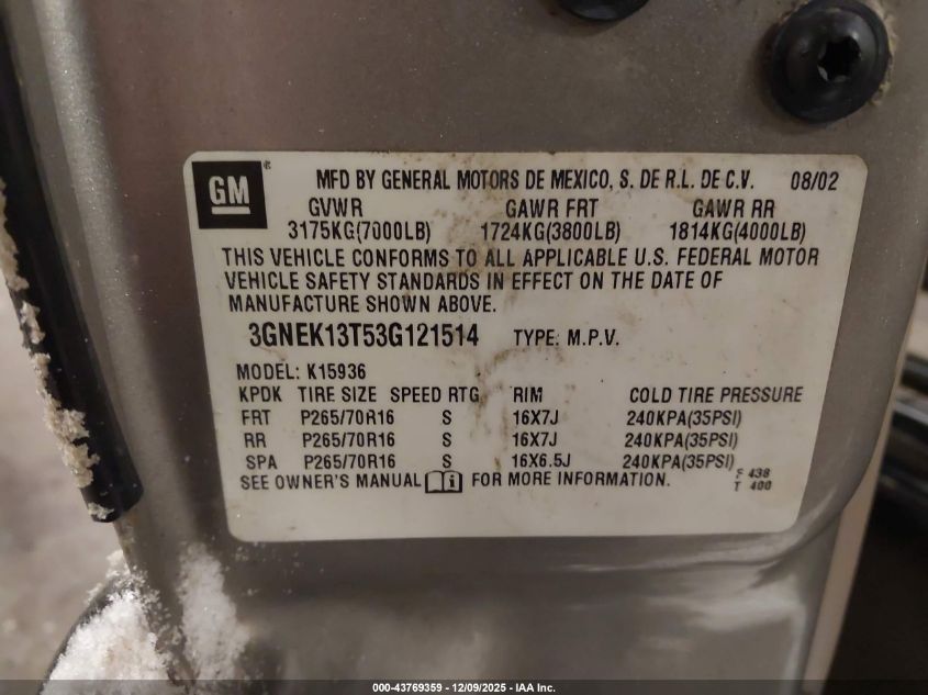 2003 Chevrolet Avalanche 1500 VIN: 3GNEK13T53G121514 Lot: 43769359