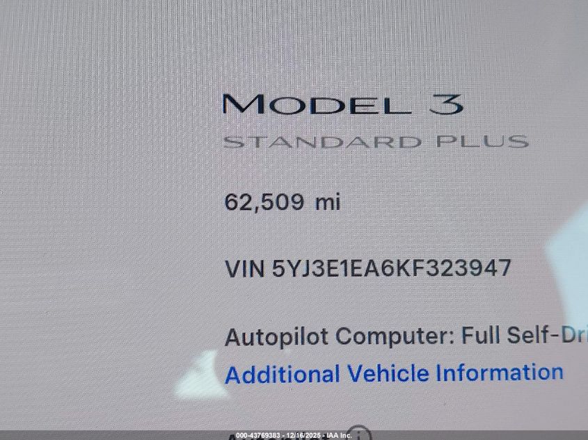 2019 Tesla Model 3 Long Range/Mid Range/Standard Range/Standard Range Plus VIN: 5YJ3E1EA6KF323947 Lot: 43769383