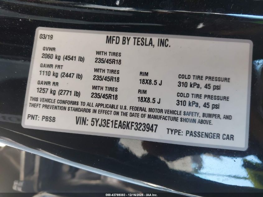 2019 Tesla Model 3 Long Range/Mid Range/Standard Range/Standard Range Plus VIN: 5YJ3E1EA6KF323947 Lot: 43769383