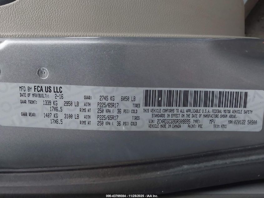 2016 Dodge Grand Caravan Sxt VIN: 2C4RDGCG9GR309995 Lot: 43769384