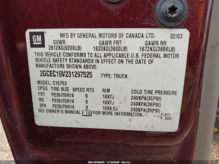 2003 Chevrolet Silverado 1500 Ls VIN: 2GCEC19V231297525 Lot: 43769392