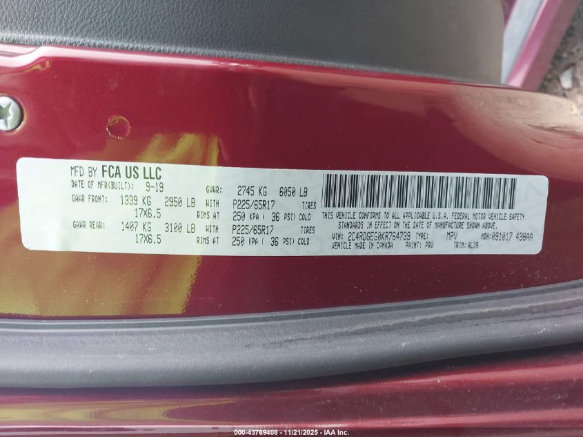 2019 Dodge Grand Caravan Gt VIN: 2C4RDGEG0KR764739 Lot: 43769408