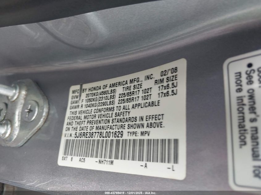 2008 Honda Cr-V Ex-L VIN: 5J6RE38778L001629 Lot: 43769419